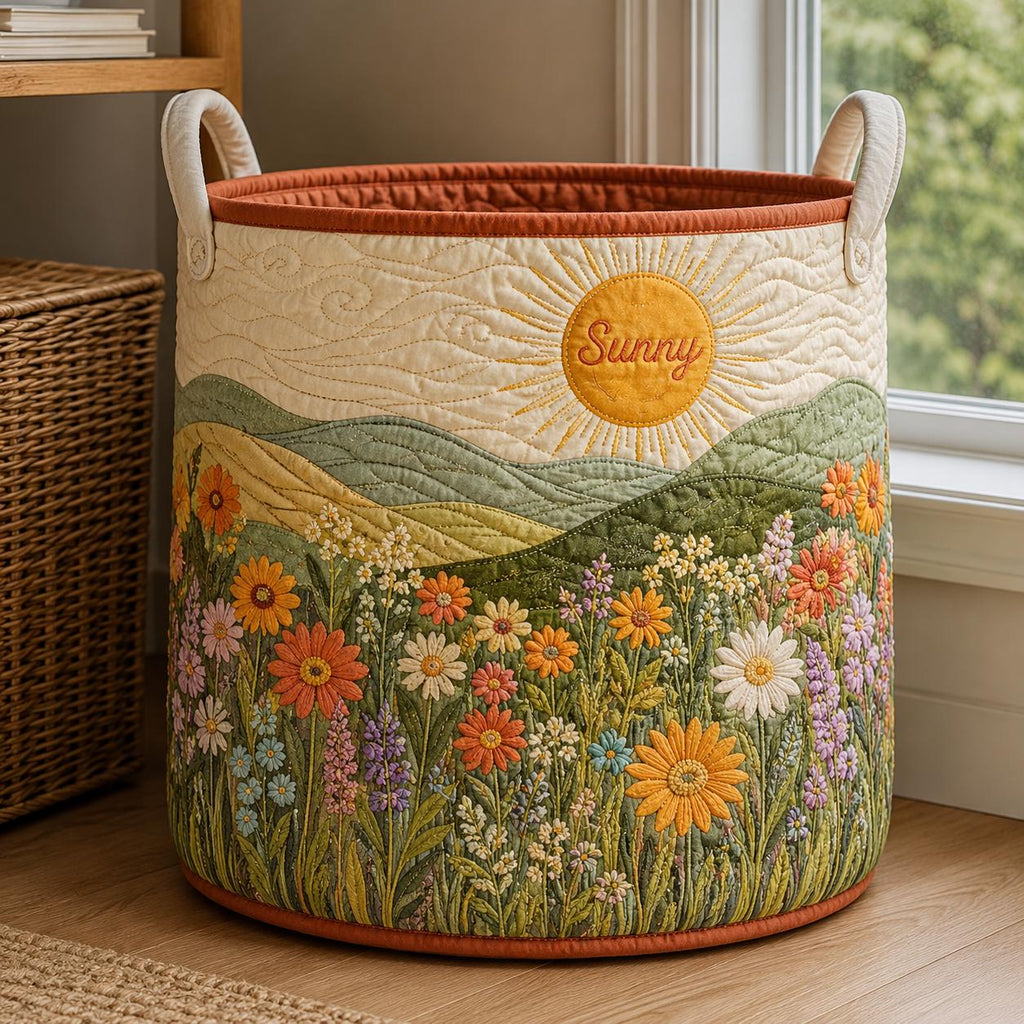 Quilted Laundry Basket, Wildflower Landscape Hamper, Sun Meadow Storage Bin