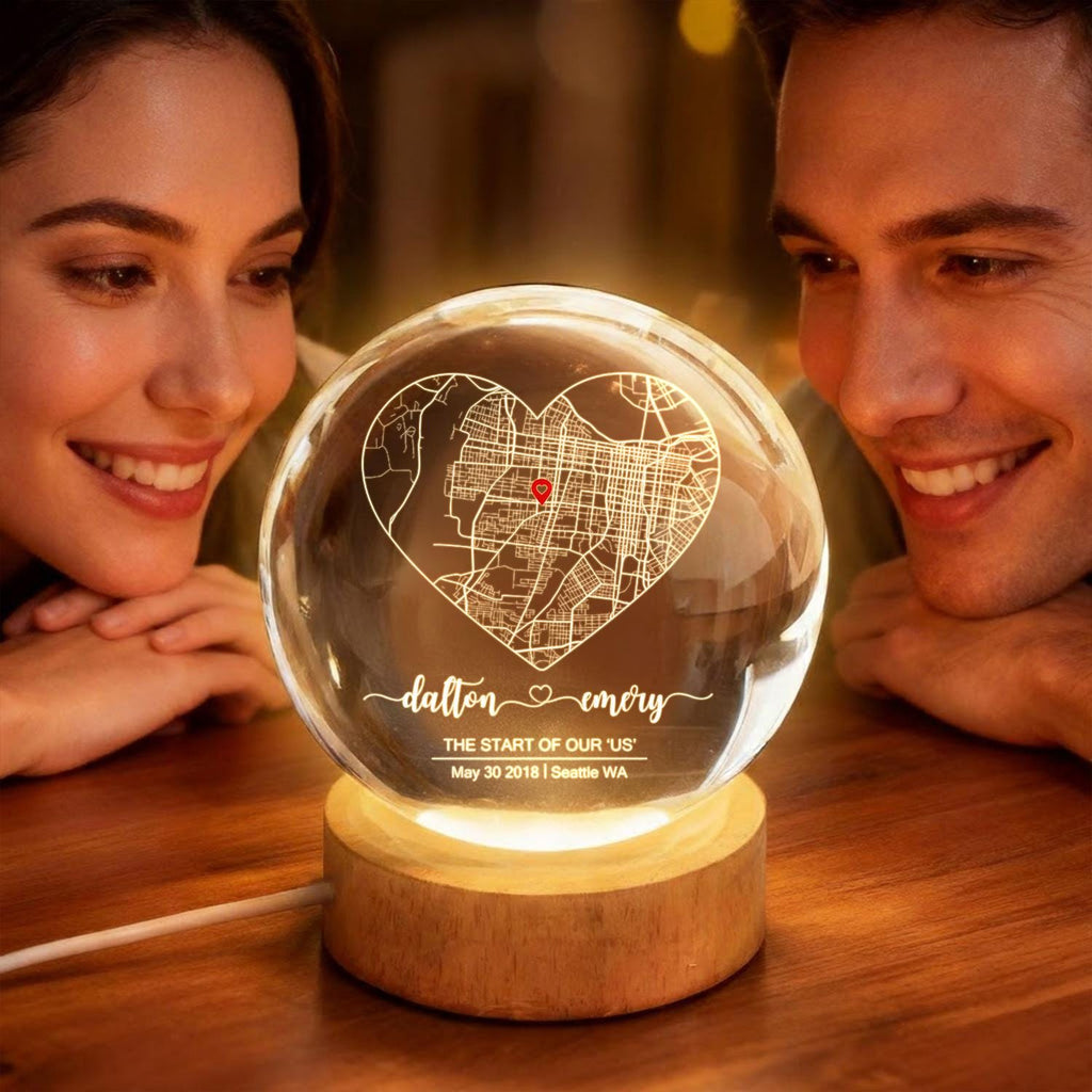 Custom Couple Map Crystal Ball LED Night Light, Personalized Where It All Began Location Gift, Romantic First Date Keepsake for Him or Her