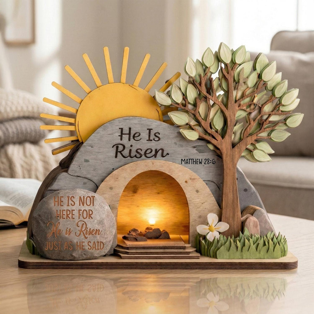 He is Risen Easter 3 Layer Wooden Block, Christian Resurrection Table Sign, Christian Religious Home Decor Gift, Empty Tomb Cross Wood Shelf