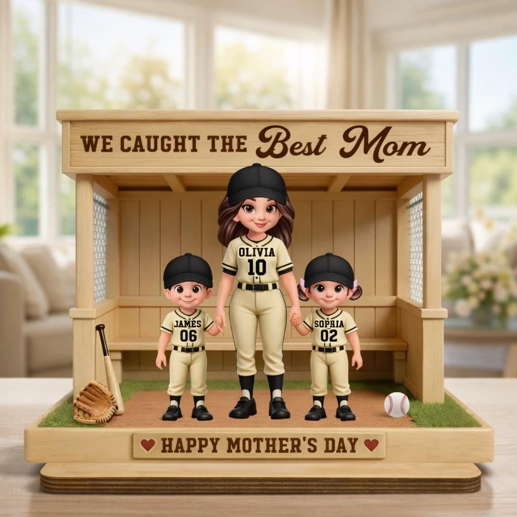 Personalized Softball Mom Gift Wooden Standee, Custom Mom Kids Dugout Figurine, Mother's Day Birthday Gift for Mom Family Keepsake Decor