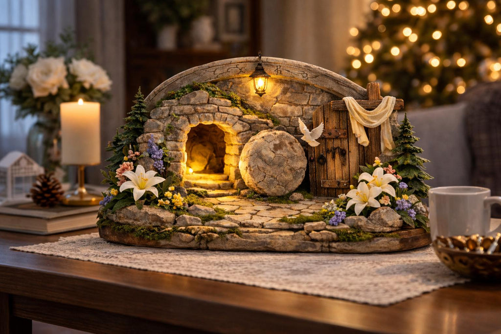 Easter Resurrection Tomb Wooden Block, Christian Tabletop Decor, Empty Grave Scene, Religious Home Easter Decoration