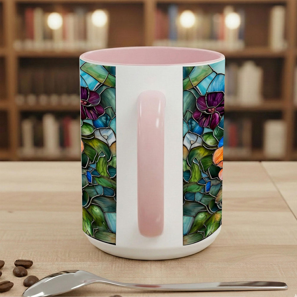 Stained Glass Book Lover Mug Floral Cottagecore Bookshelf Design Colorful Reading Bookish Cup 15oz Ceramic, Handle Color Mug