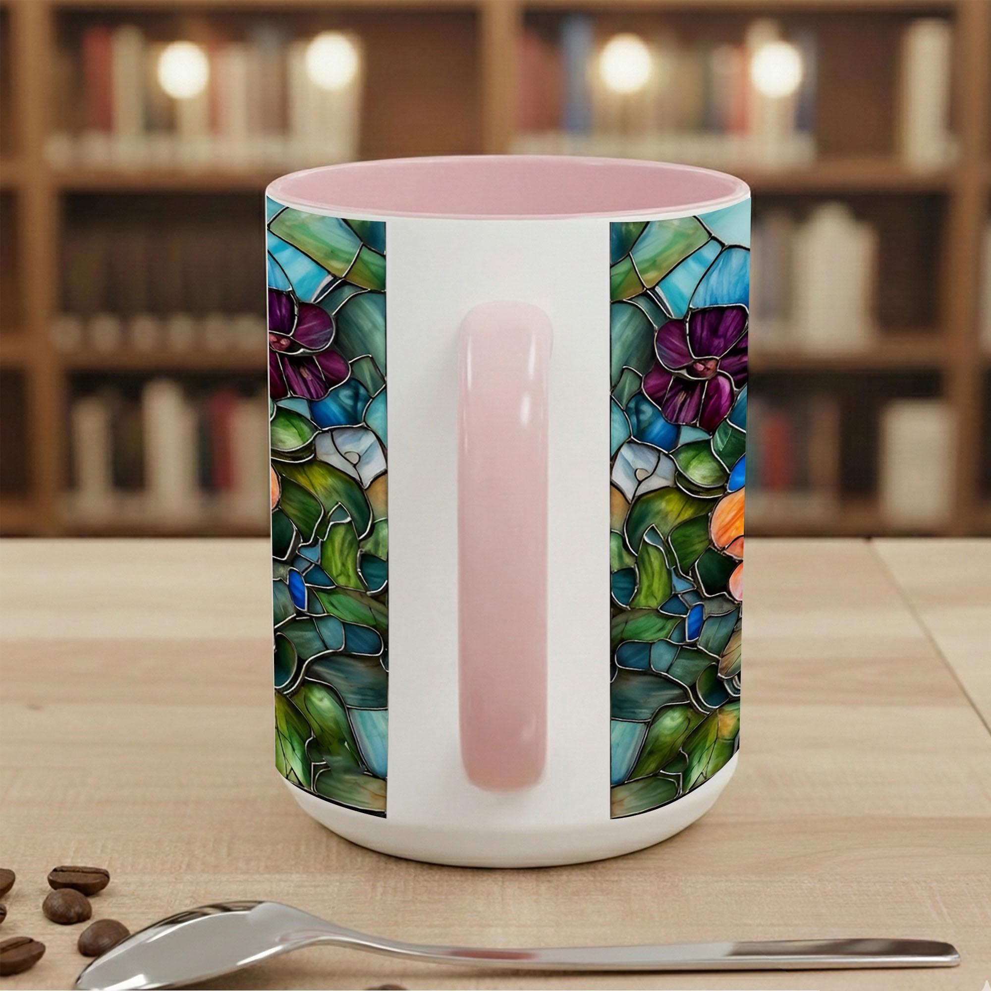 Stained Glass Book Lover Mug Floral Cottagecore Bookshelf Design Colorful Reading Bookish Cup 15oz Ceramic, Handle Color Mug