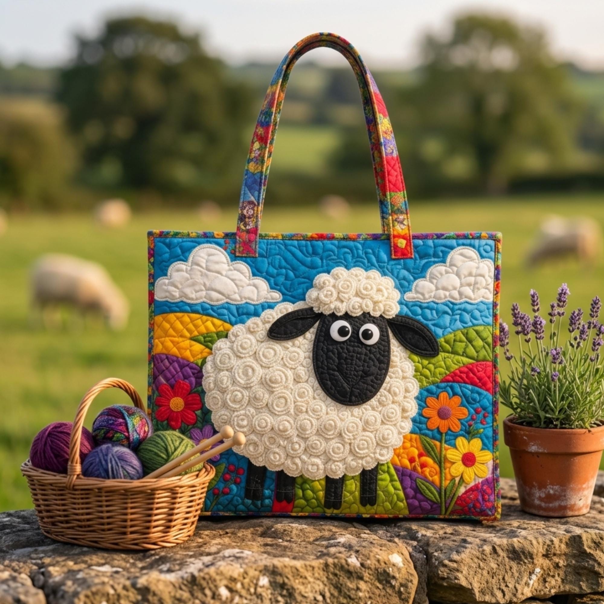 Quilted Sheep Tote Bag, Farm Animal Patchwork Cottagecore Shoulder Bag. TBPETAL34