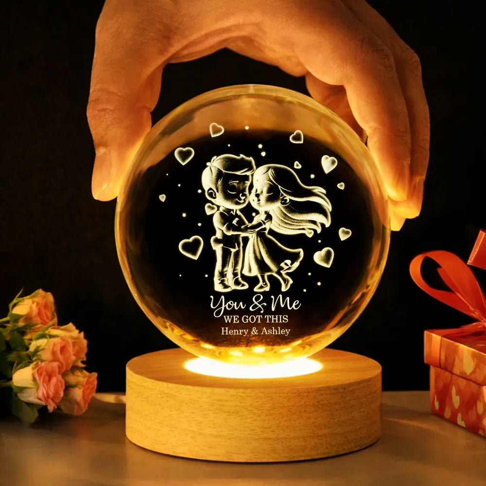 Loving Chibi Couple - Personalized Crystal Ball LED Night Light , Valentines Day Wedding Anniversary Gift For Couple