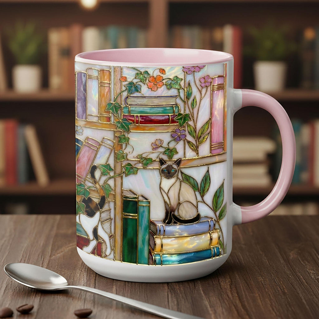 Stained Glass Book Lover Mug Floral With Cat Cottagecore Bookshelf Design Colorful Reading Bookish Cup 15oz Ceramic, Handle Color Mug, Adorable Ceramic Mug – Perfect for Kids & Families