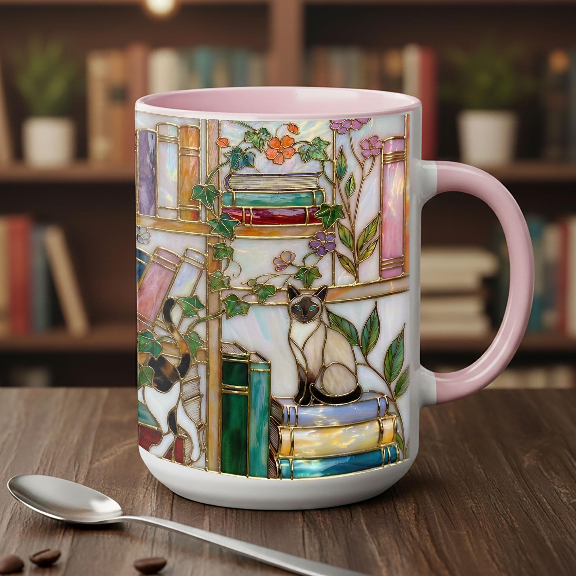 Stained Glass Book Lover Mug Floral With Cat Cottagecore Bookshelf Design Colorful Reading Bookish Cup 15oz Ceramic, Handle Color Mug, Adorable Ceramic Mug – Perfect for Kids & Families