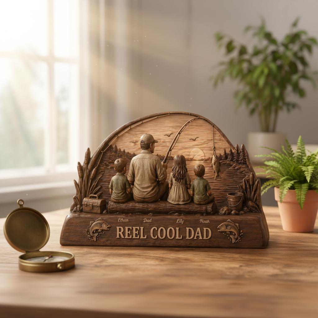 Personalized Reel Cool Dad Fishing Lover Wooden Sculpture Custom Kid Name Father's Day 2D Flat Block Fishing Dad Gift Idea for New Dad Decor
