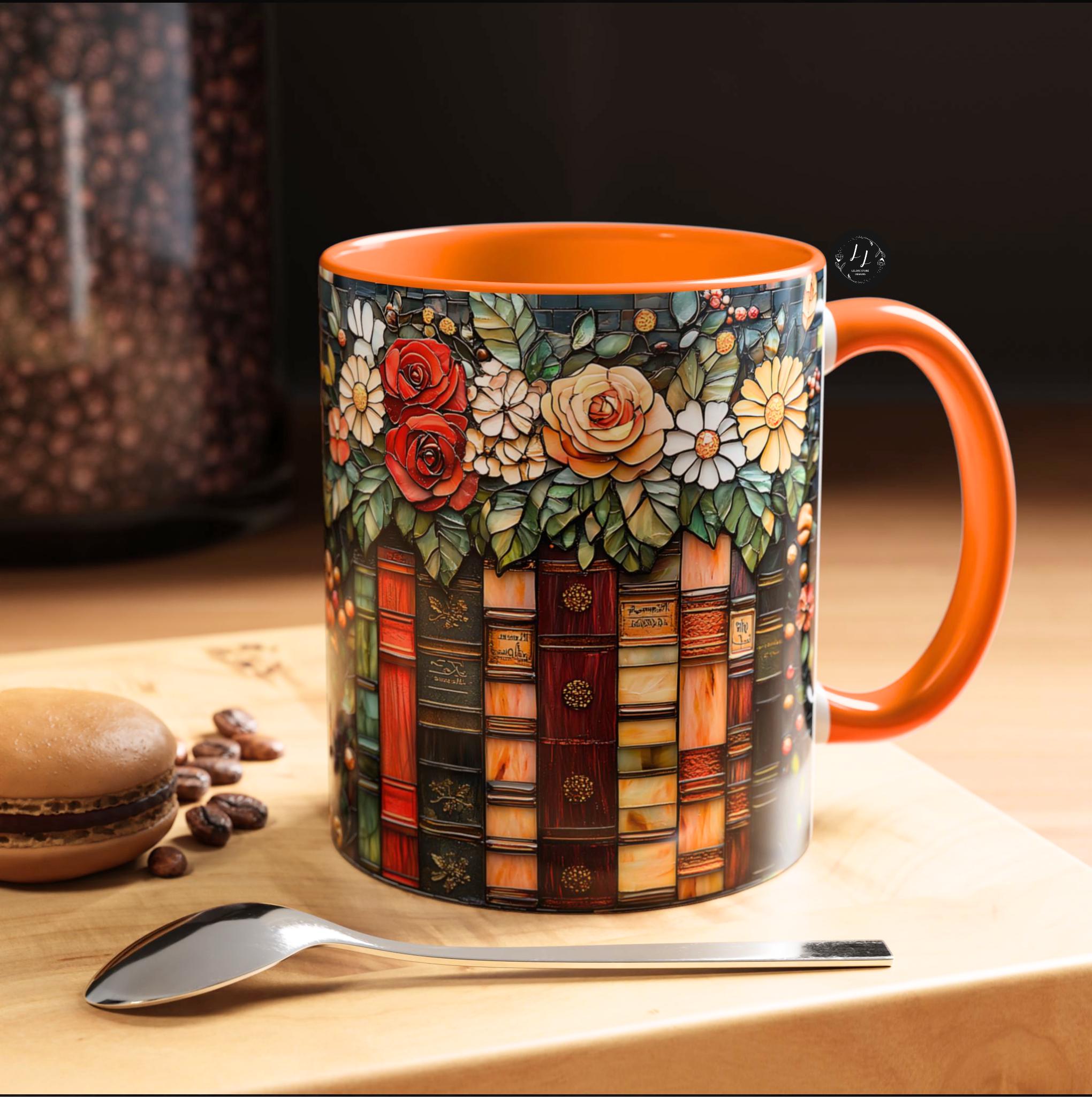 Floral Bookshelf Mug_ Faux Stained Glass Ceramic Coffee Cup Bookish Literature and Kitchen Booklover
