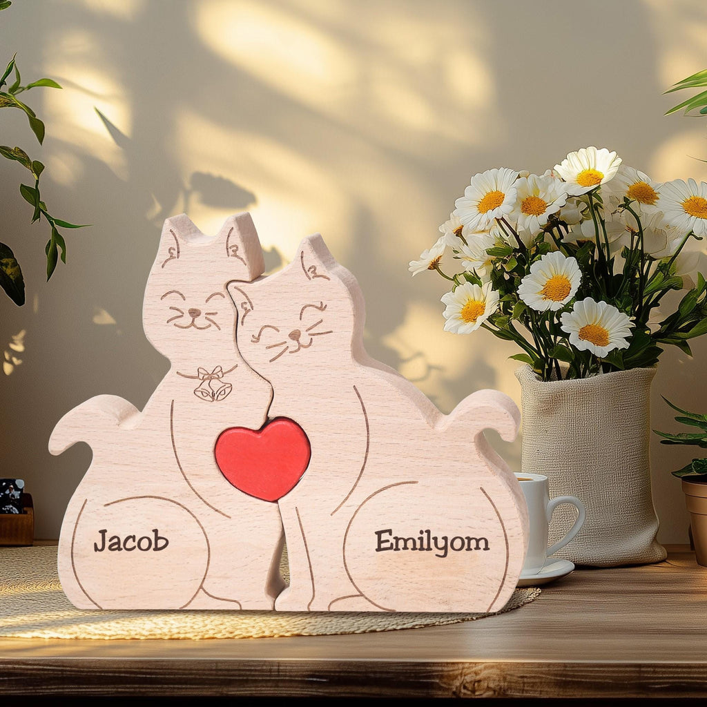 Personalized Wooden Cat Family Puzzle, Family of 4 Home Decor, Engraved Family Name Keepsake, Anniversary Gift for Her, Christmas Gifts