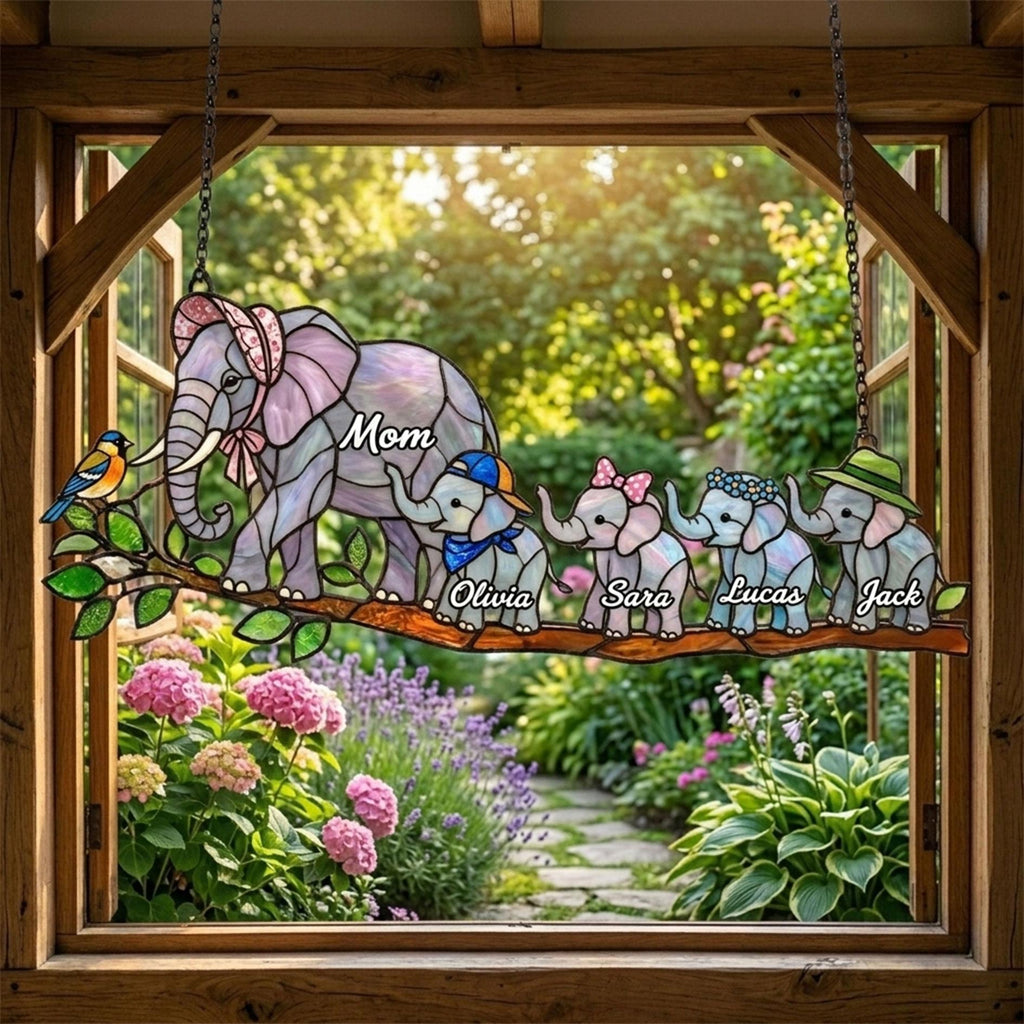 Personalized Elephant Glass Suncatcher, Custom Mama Elephant Window Hanging, Kids Names Glass Ornament, Mother’s Day Gift for Mom