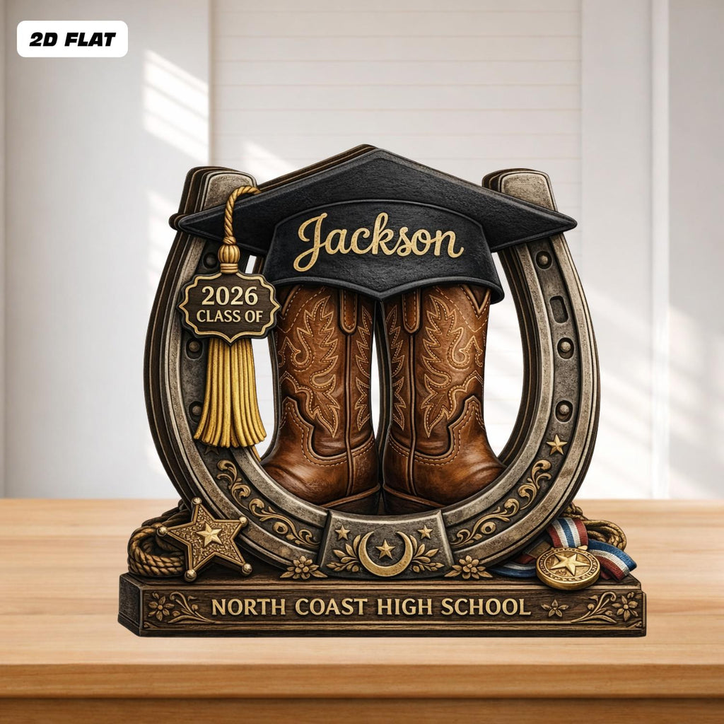 Personalized Graduation Wooden Block, Cowboy Boots Class of 2026 Gift, Custom Name Senior Keepsake, Western Graduation Decor, Wooden Sign