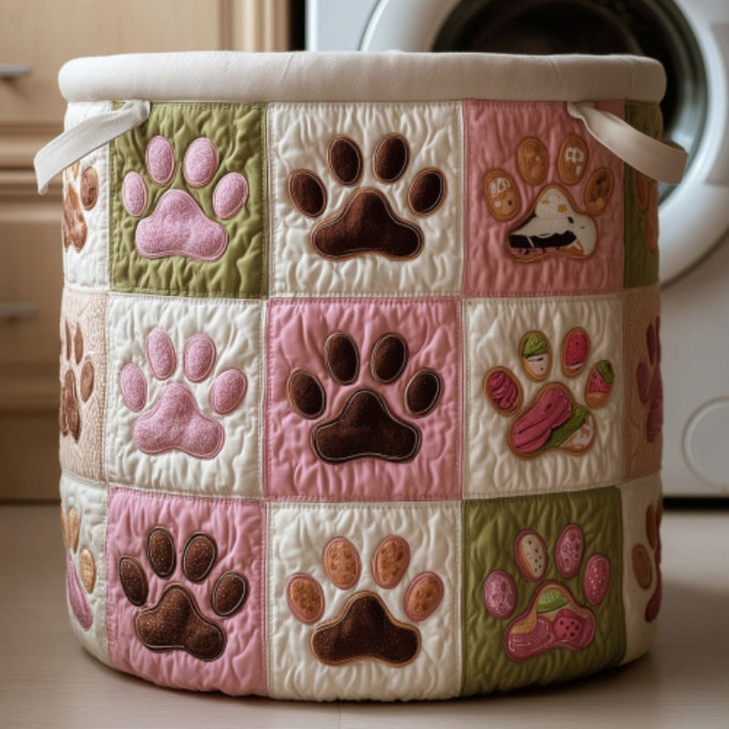 Cat Paw Print Quilted Laundry Basket, Large Foldable Oval Clothes Hamper with Handles, Boho Fabric Storage Bin for Bedroom Bathroom