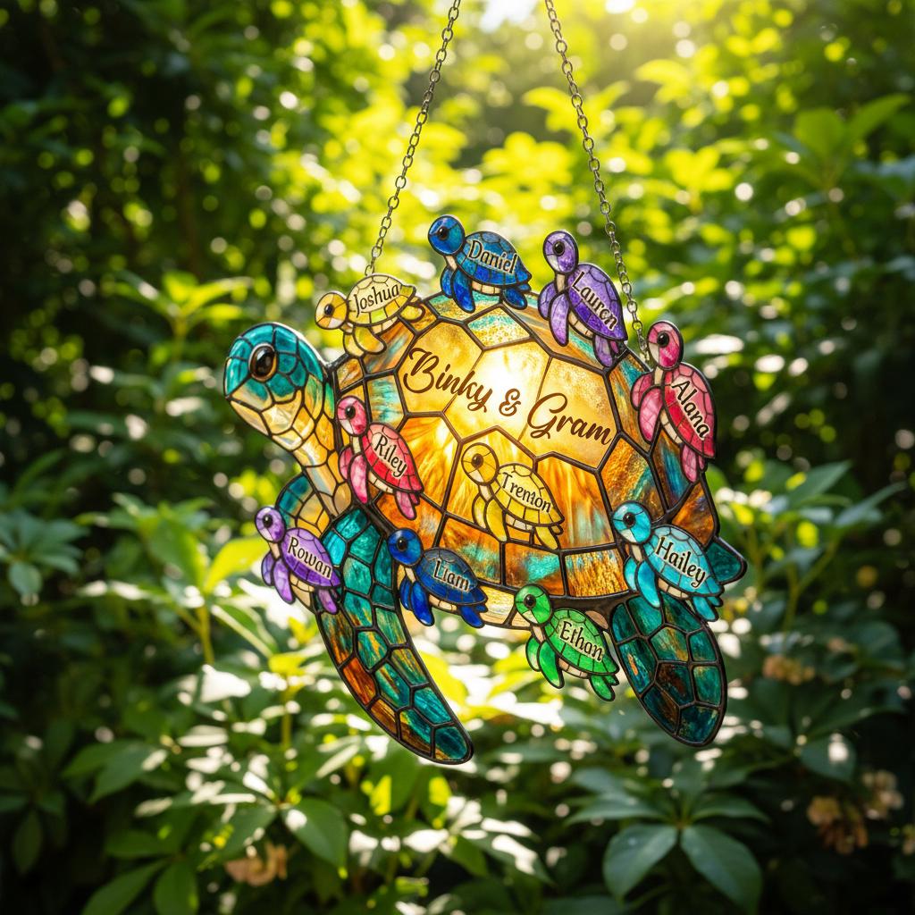 Personalized Grandma Sea Turtle Acrylic Suncatcher, Hanging Home Decor Gift for Granny Children Family, Adorable Birthday Mother's Day Gift