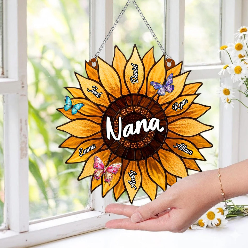 Personalized Sunflower Suncatcher for Nana Grandma, Stained Glass Window Hanging, Family Sunflower Mother's Day Gift, Birthday Gift for Mom