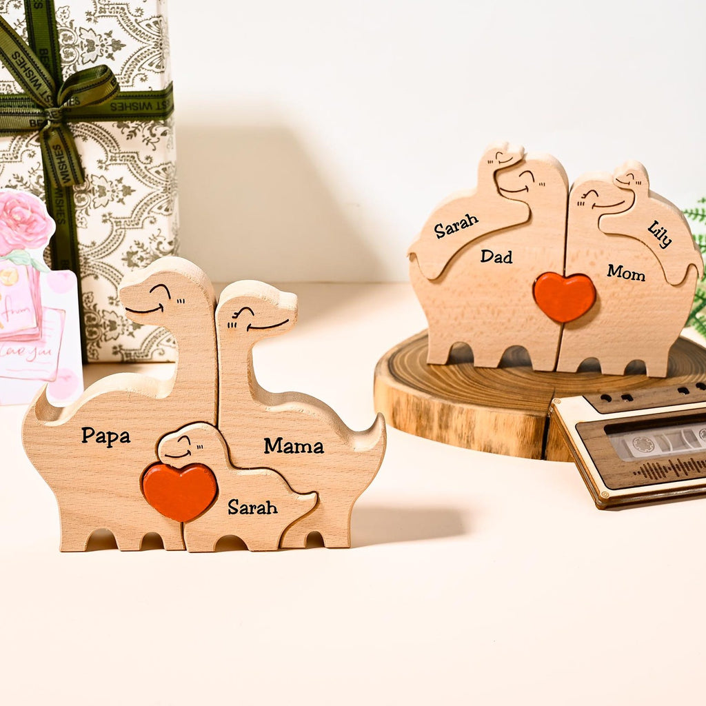 Wooden Dinosaur Family Puzzle, Personalized Christmas Gift for Family, Name Engraved Dino Keepsake, Holiday Home Decor, Mom Gift From Kids