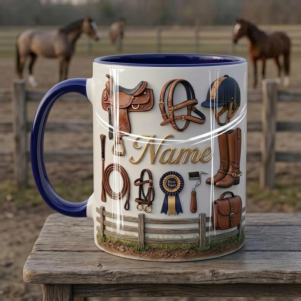 Personalized Horseback Riding Mug, Custom Rider Name Coffee Cup, Faux 3D Effect Equestrian Gift, 11oz or 15oz