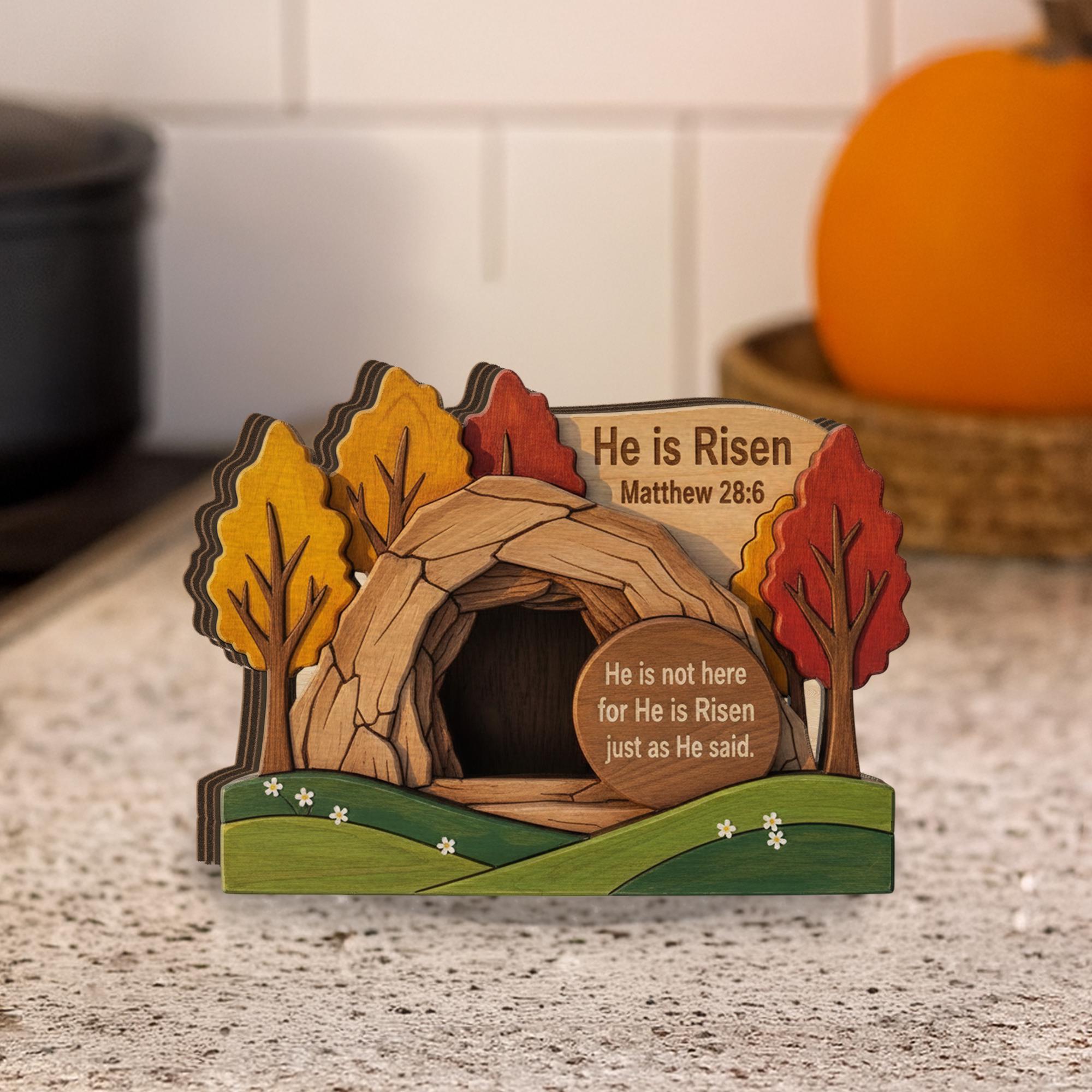 Wooden Block, 3 Layer Empty Tomb Scene, Matthew 28_6 Bible Verse Decor, He is Risen Wood Sign_ Jesus Resurrection Scene, Easter Decor