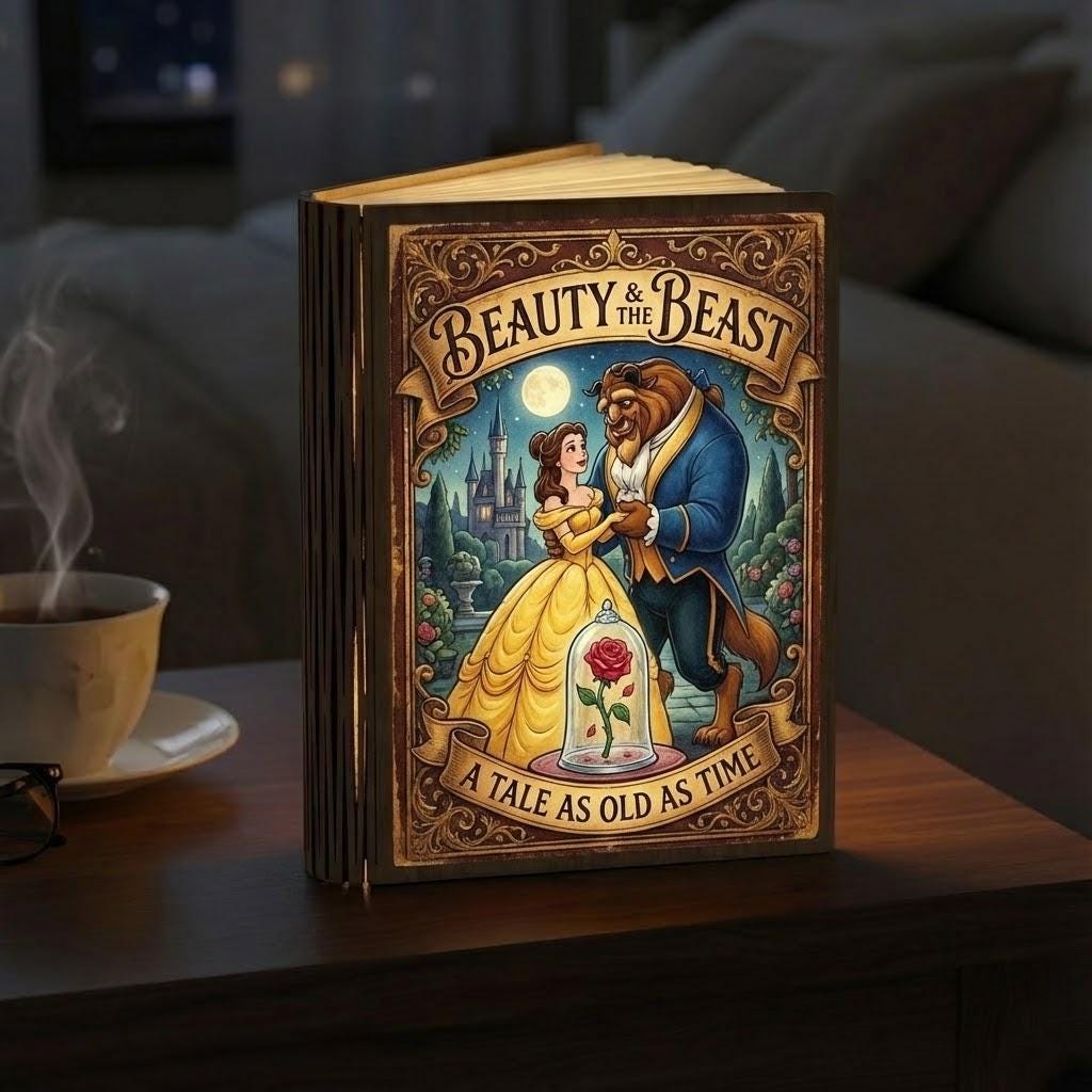 Beauty and the Beast Book Lamp, Tale as Old as Time Folding LED Light, Belle Princess Reading Lamp, Disney Enchanted Rose Night Light