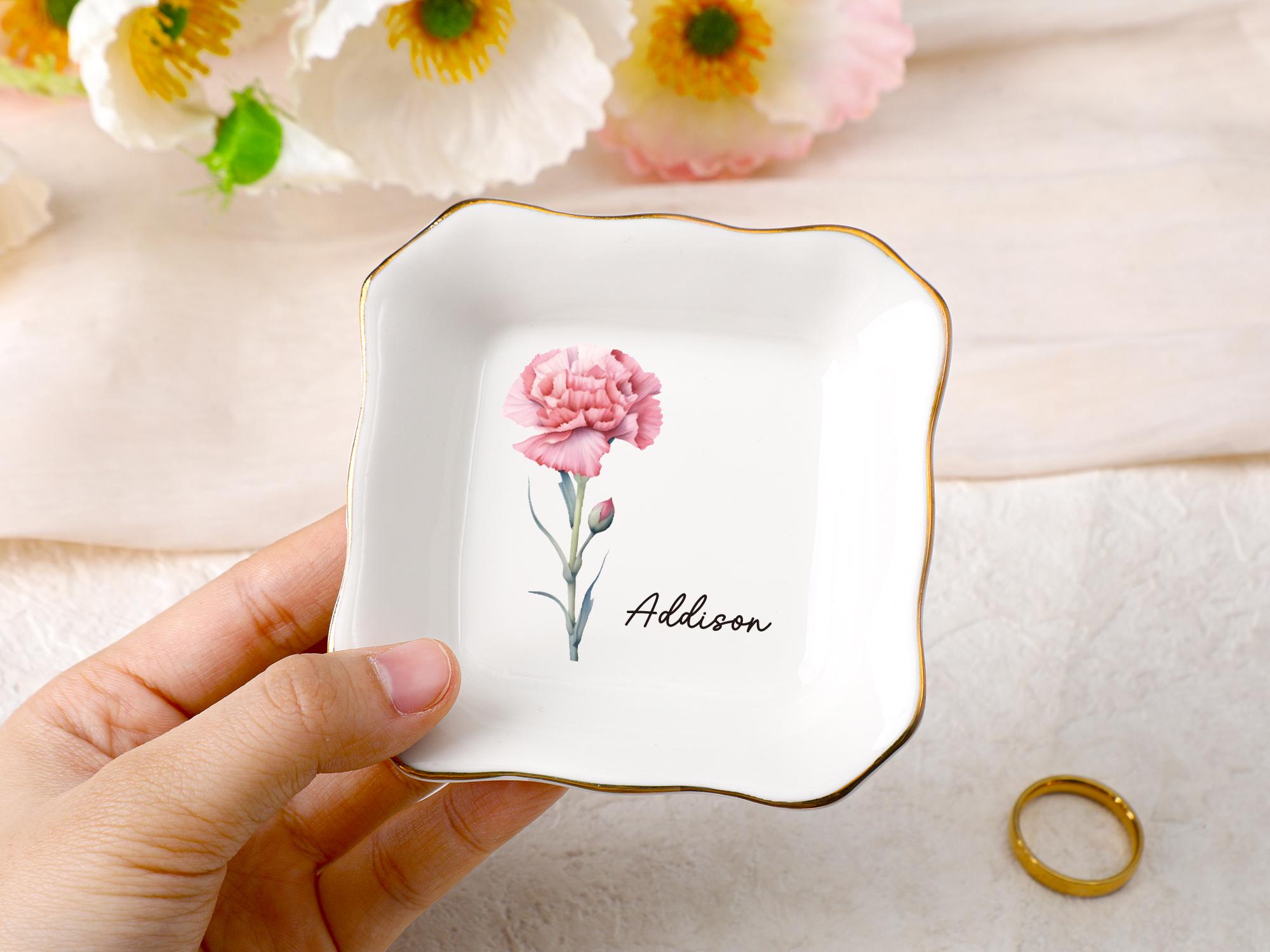 Personalized Birth Flower Jewelry Dish, Watercolor Flower Trinket Dish, Custom Ring Trinket Dish, Bridesmaid Gift, Birthday Gift for Her