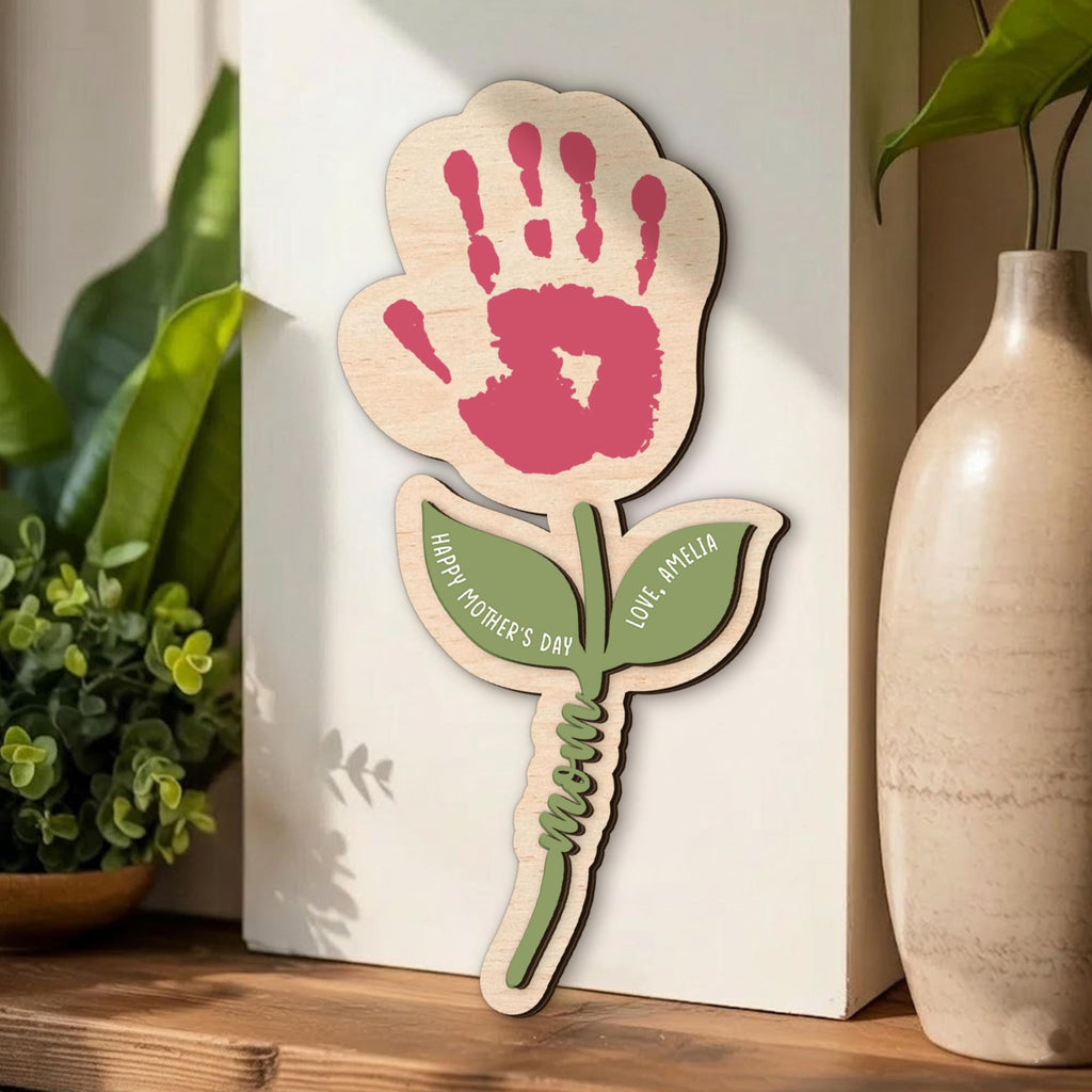 Personalized Handprint Flower Gift for Mom, Wooden Keepsake Mother’s Day Gift, Custom Baby Handprint Plaque, Mom Gift From Kids