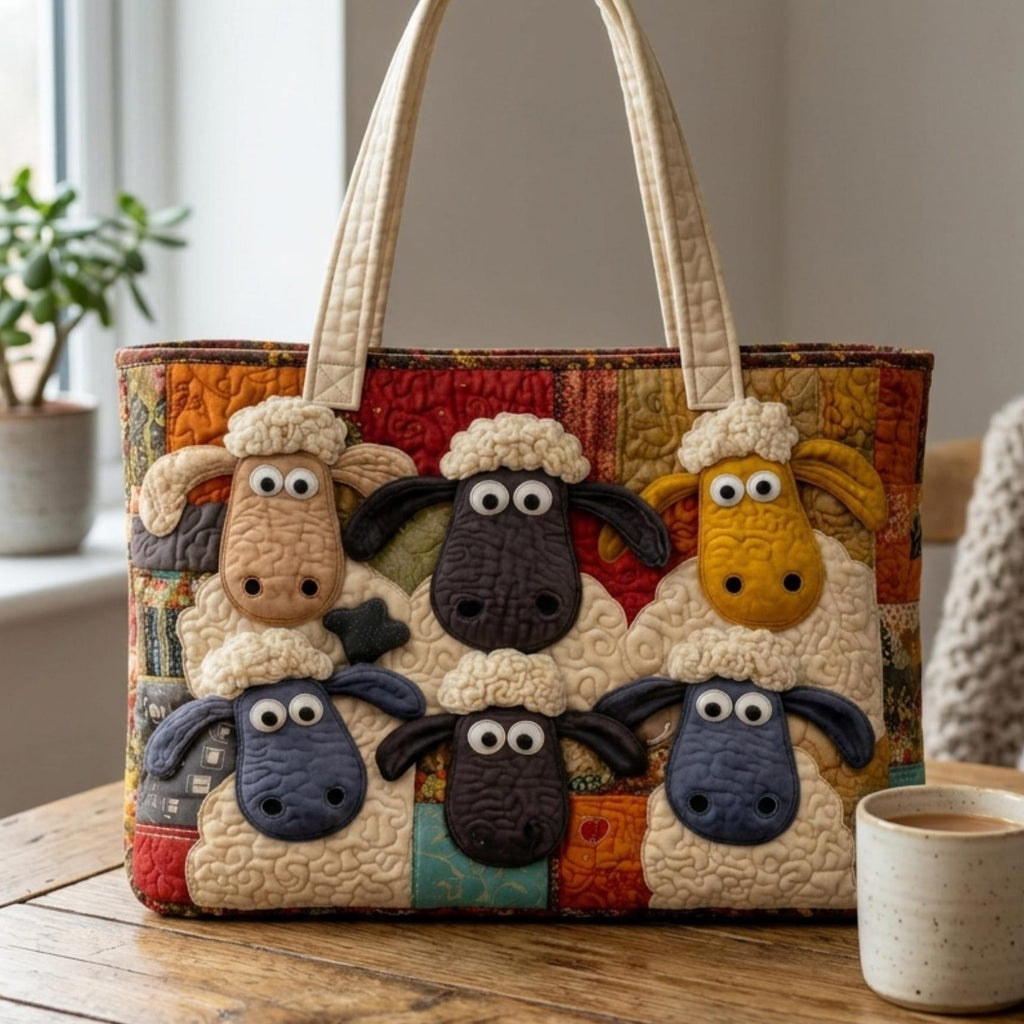 Quilted Sheep Tote Bag – Farm Animal Shoulder Handbag, Rustic Farmhouse Style Canvas Bag