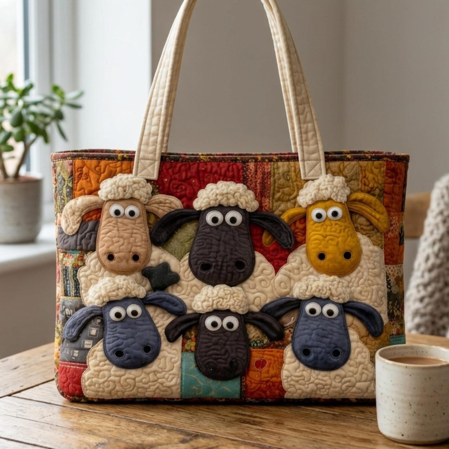 Quilted Sheep Tote Bag – Farm Animal Shoulder Handbag, Rustic Farmhouse Style Canvas Bag