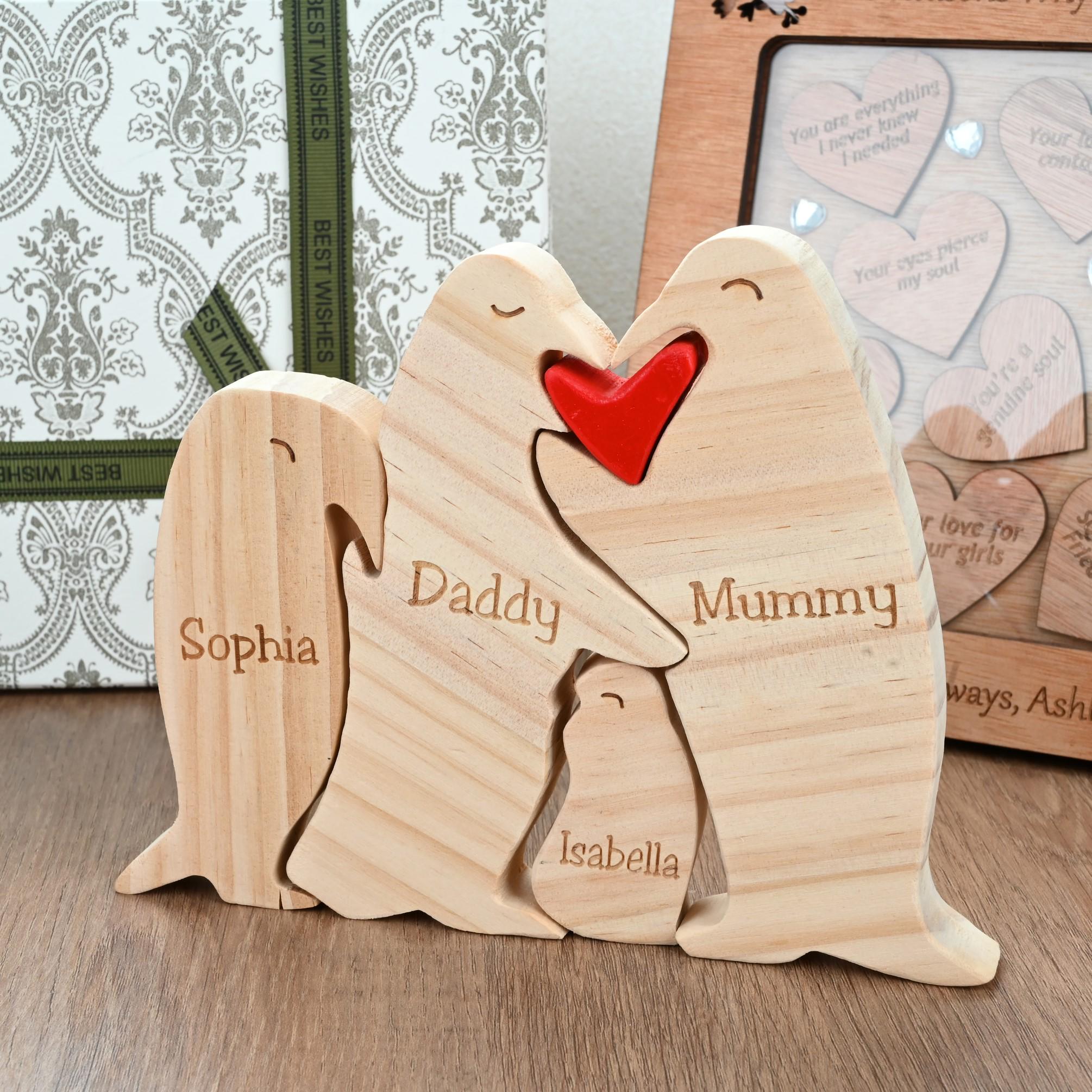Personalized Wooden Penguin Family Puzzle, 2-6 Penguins Family Jigsaw Decor, Anniversary Gifts for Mom Dad Couples Family Keepsake Gift