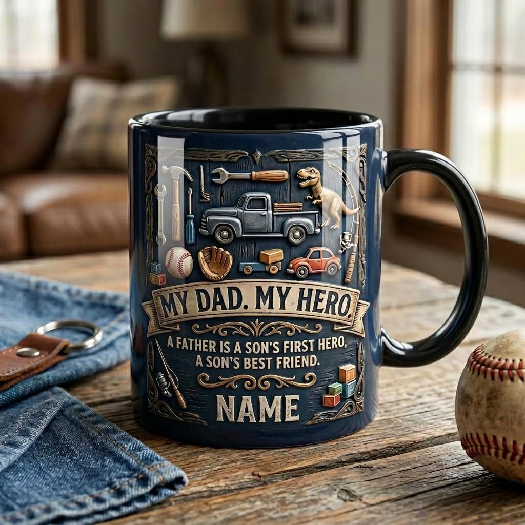 Personalized My Dad My Hero Mug, Faux 3D Effect Ceramic Cup, Custom Father’s Day Coffee Mug, Dad Appreciation Gift