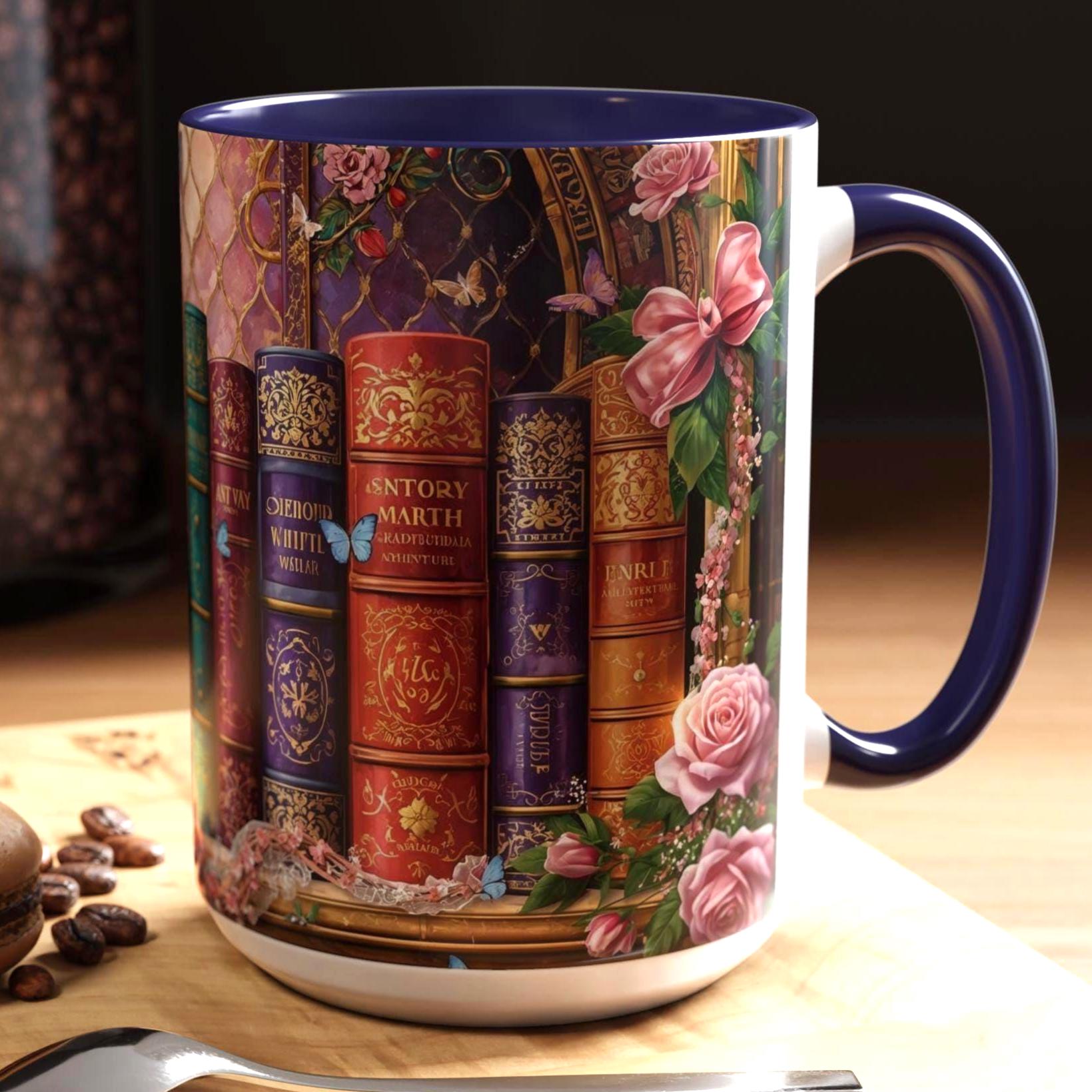 Floral Bookshelf Mug _ Vintage Library Stained Glass Design, High-Quality Ceramic Mug – Perfect for Coffee & Tea