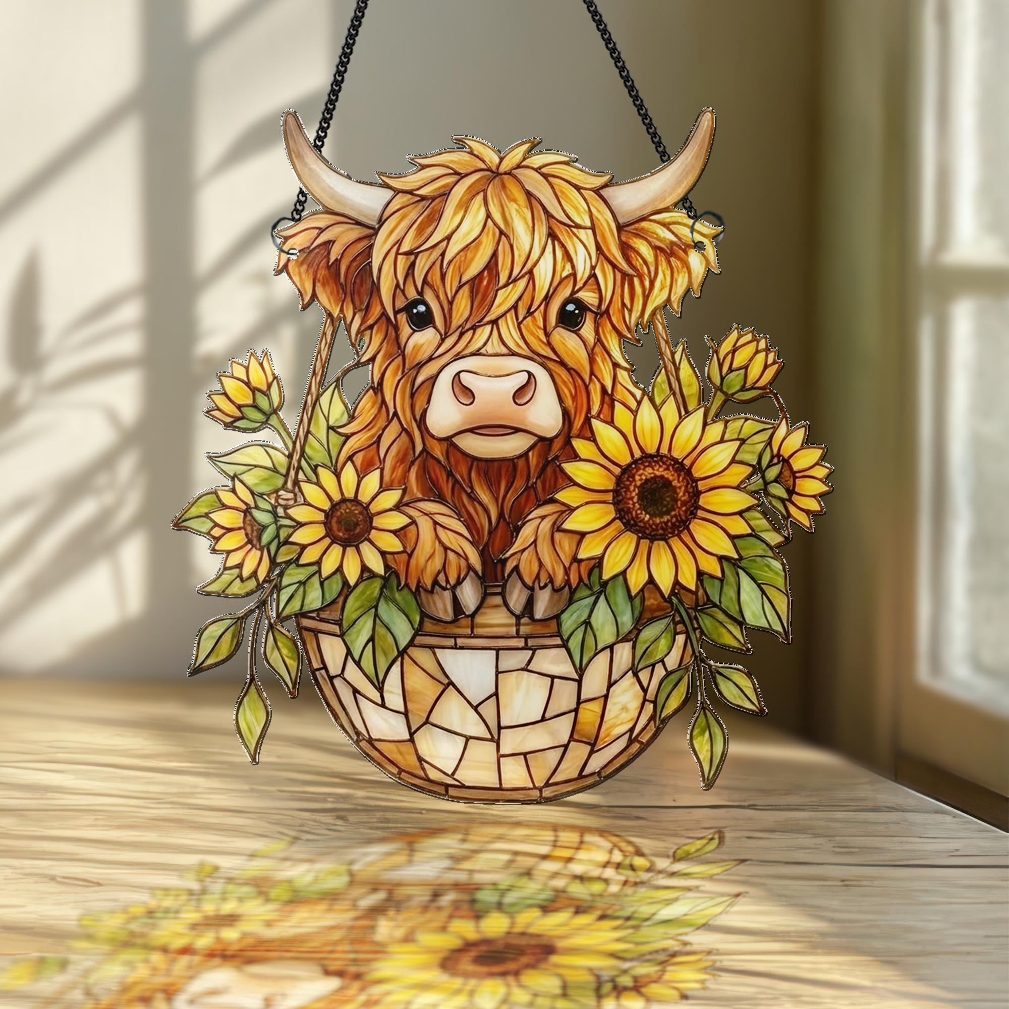 Sunflower Highland Cow Suncatcher, Whimsical Window Decor, Farm Animal Window Hanging, Country Farmhouse Decor, Cow Lover Gift, Baby Gift