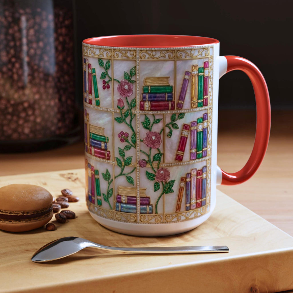 Stained Glass Bookshelf Mug, Floral Book Lover Coffee Cup, Vintage Library Style Mug, Elegant Reading Gift