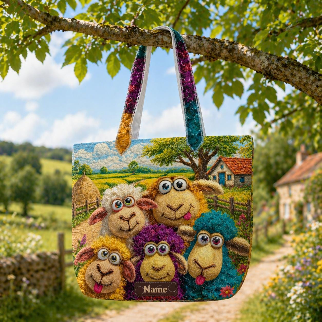 Quilted Sheep Tote Bag, Colorful Illustration Padded Shoulder Bag, Animal Lover Gift , Tote Bag Gift for Women