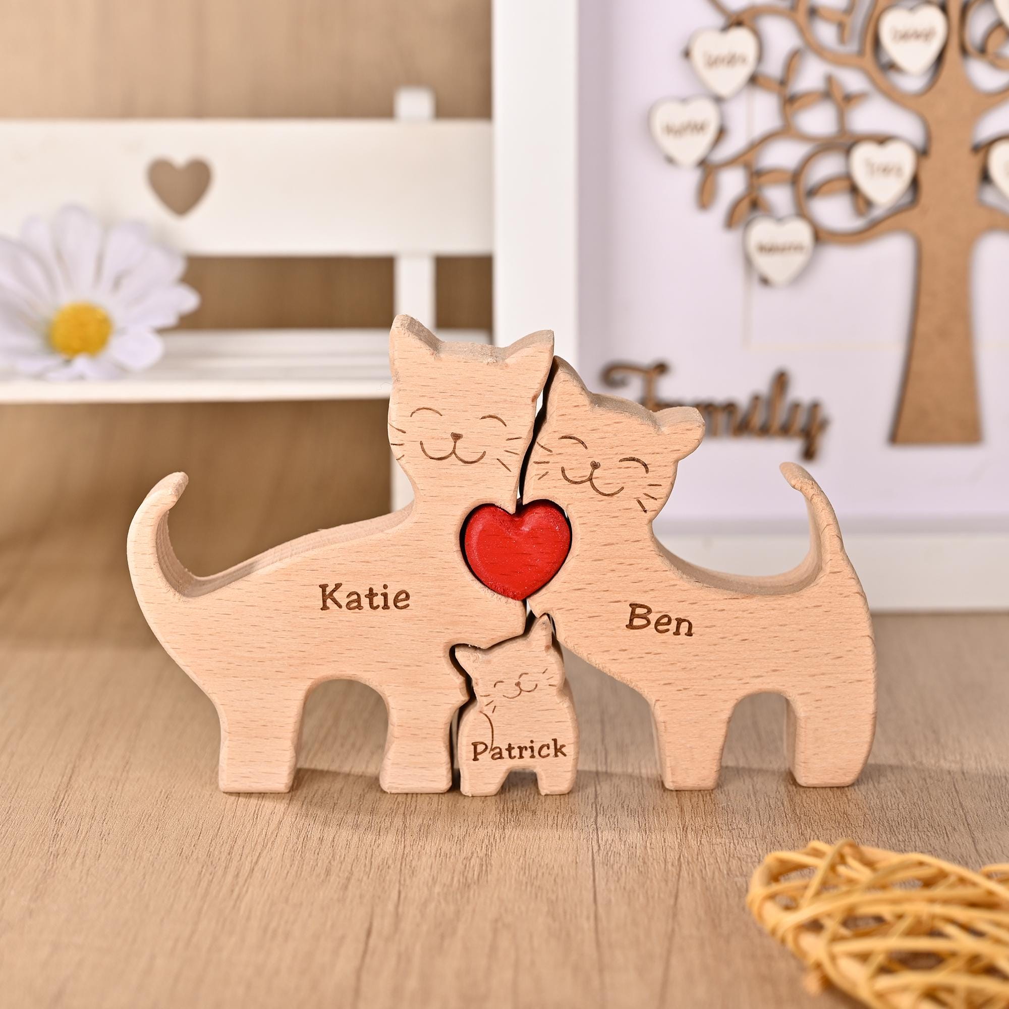 Personalized Cat Gifts for 2-6, Wooden Cat Family Puzzle, Carved Wood Cat, Anniversary Gift for Mom, New Mum Gift, Wife Christmas Present