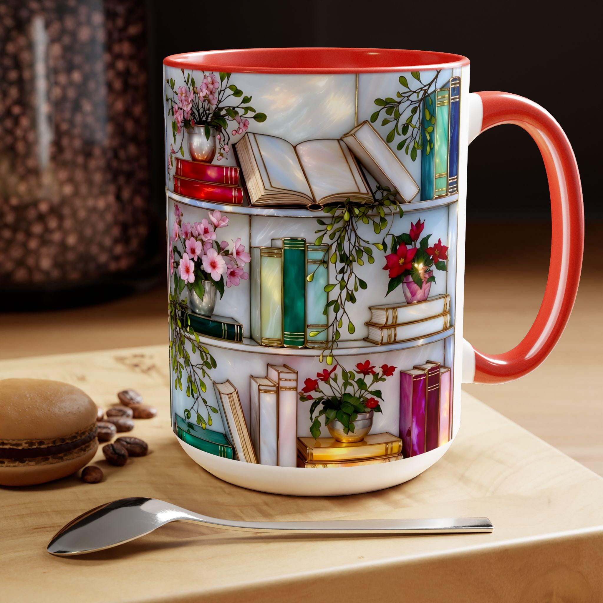 Stained Glass Style Bookshelf Mug, Colorful Floral Book Mug, Book Lover Gift. Elegant Reading Mug, Gift Mug – Thoughtful Design for Coffee Lovers
