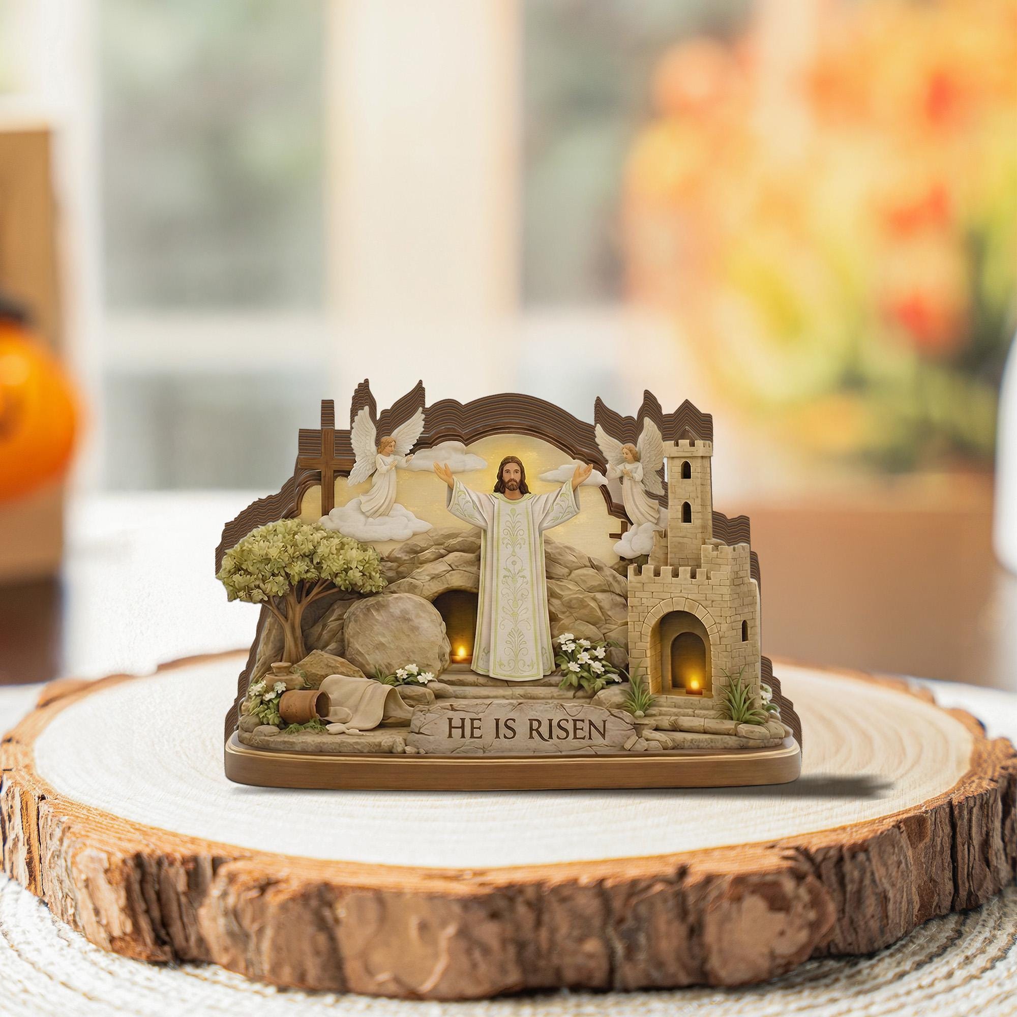 Easter Resurrection Wooden Sign, 2D Flat Empty Tomb Display, Religious Tabletop Decor, He is Risen Christian Art, Easter Keepsake for Home