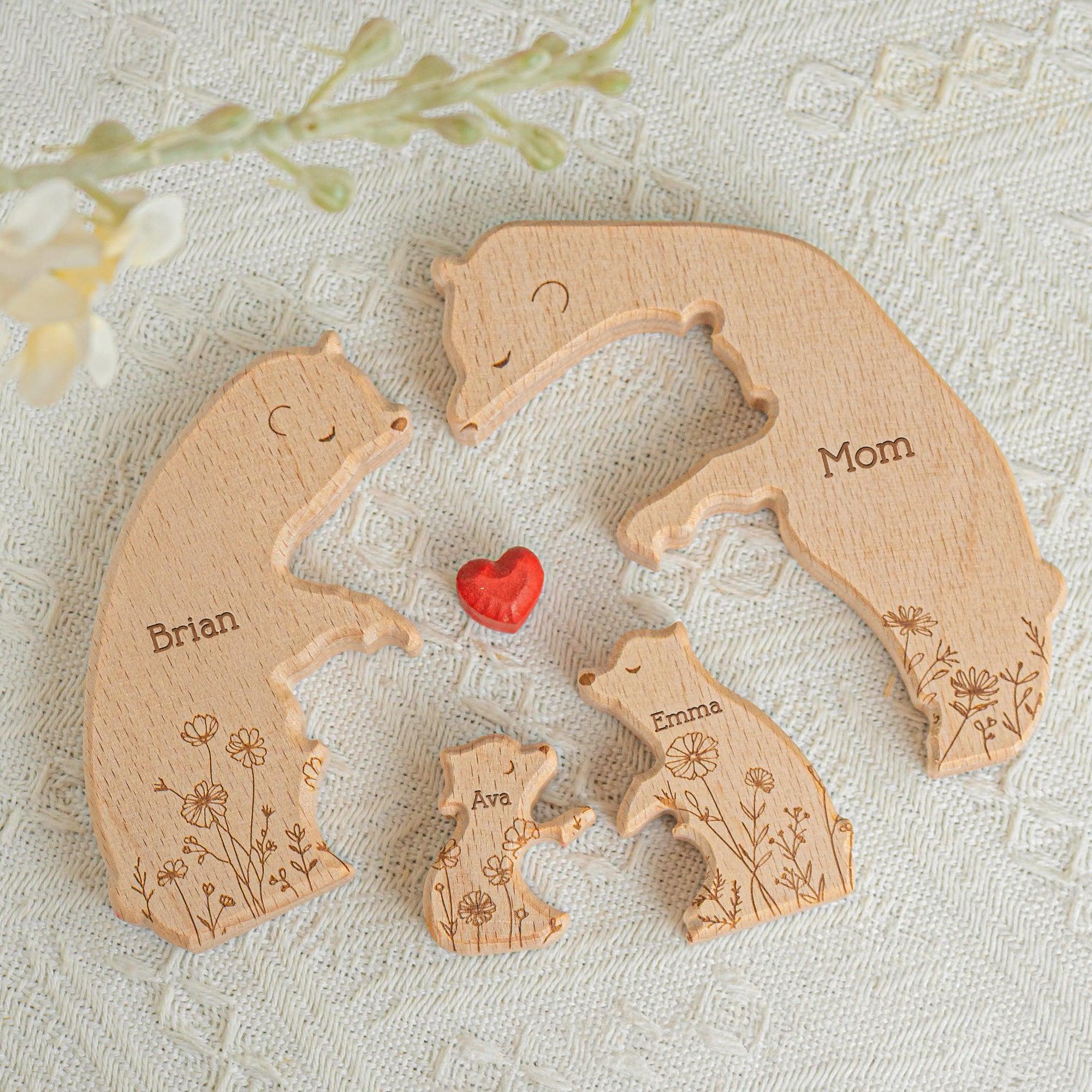 Hugging Bear Family Floral Version, Personalized Wooden Bear Family Puzzle, Wooden Animal Carvings, Family Home Decor, Personalized Wooden Family Puzzle, Custom Engraved Wood Family Gift