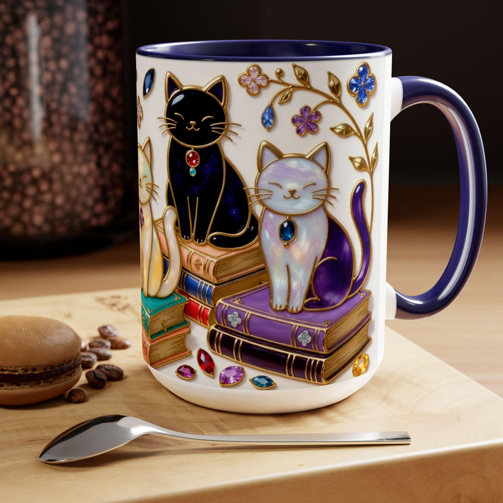 Stained Glass Style Cats Mug, Bookish Cat Art Mug, Jewel Tone Fantasy Cats Cup, Book Lover Mug 15oz, Premium Ceramic Mug – Everyday Use & Gift Idea