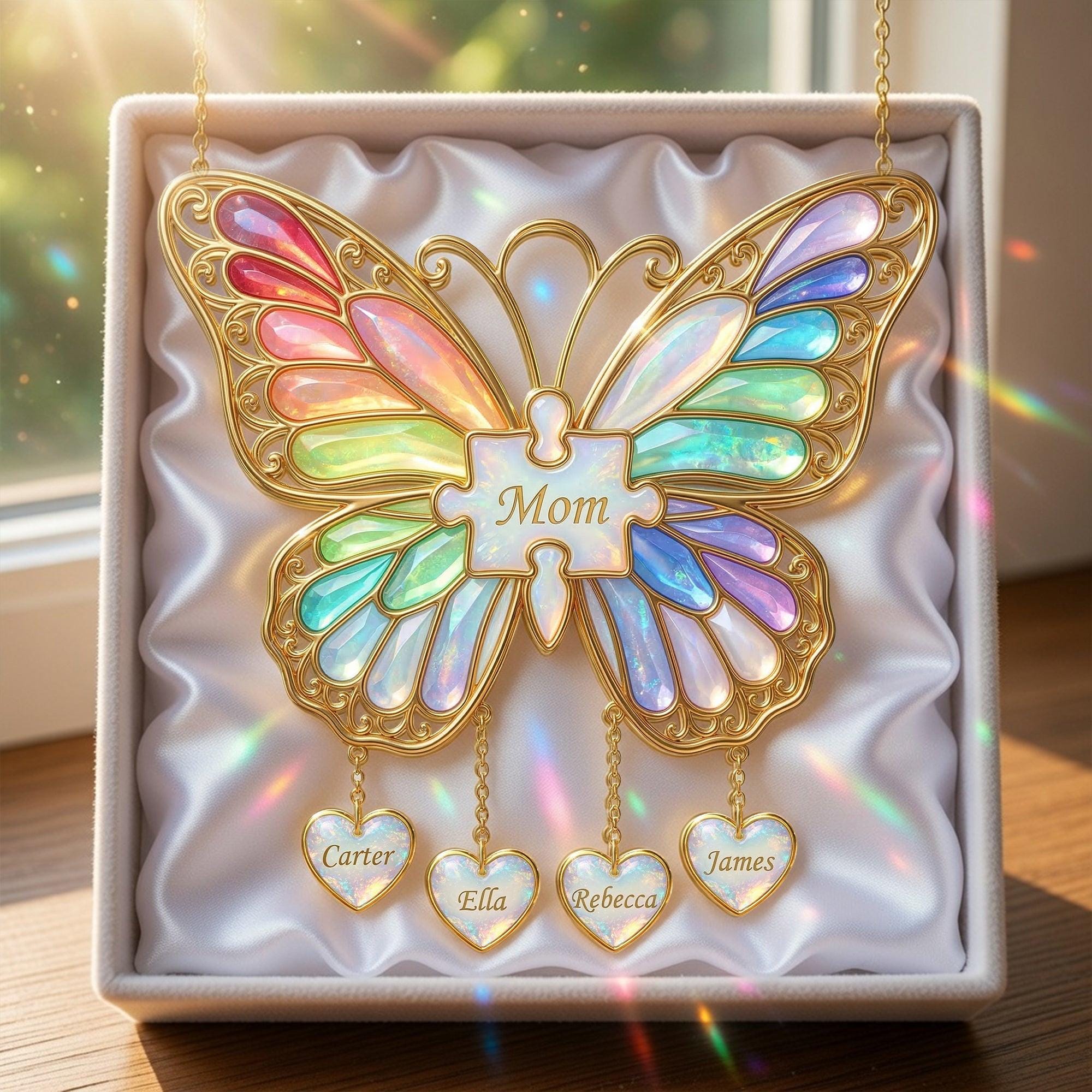 Personalized Rainbow Butterfly Mom Acrylic Suncatcher, Custom Name Mommy and Kids Hanging Suncatcher, Mother Day Window Decor, Gift for Mom