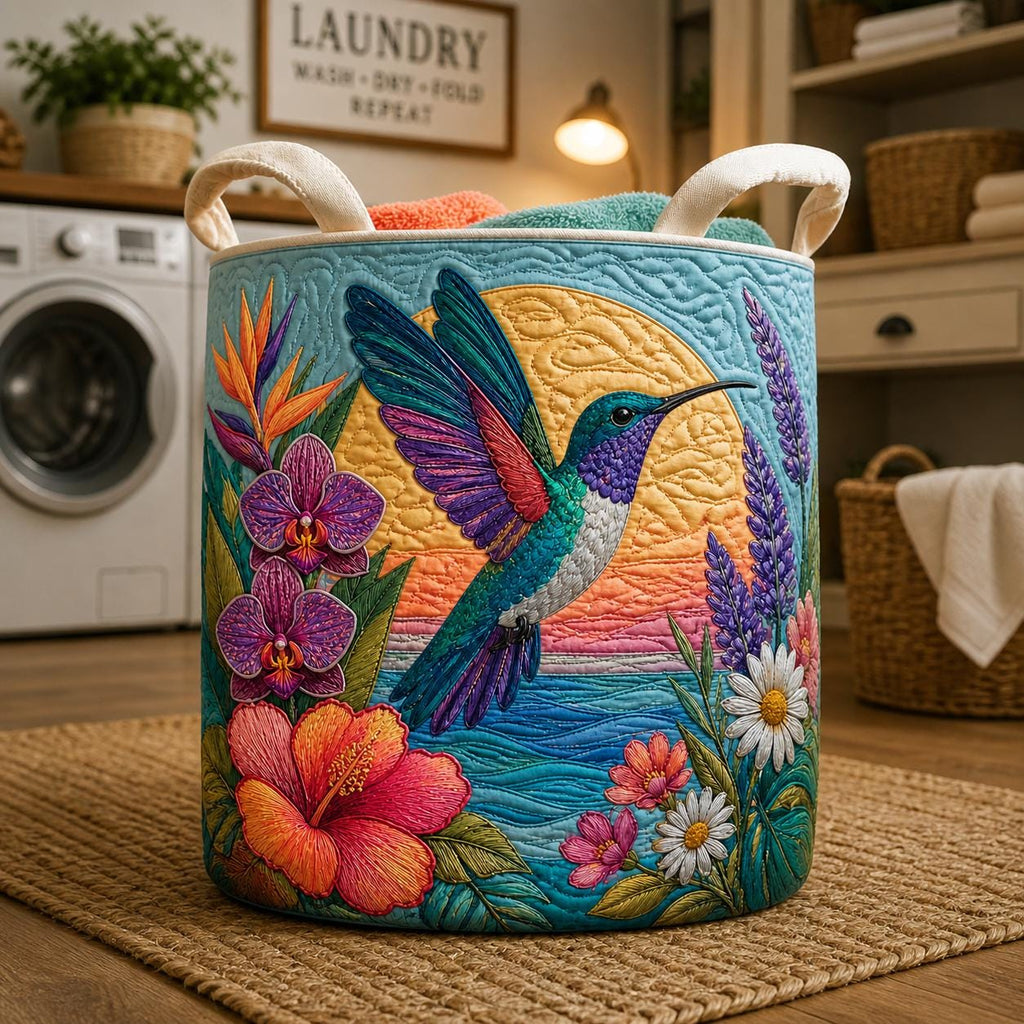 Hummingbird Heaven Quilted Laundry Basket, Bird Laundry Room Decor, Soft Fabric Hamper, Bird and Flower Field Hamper, Gift for Mom