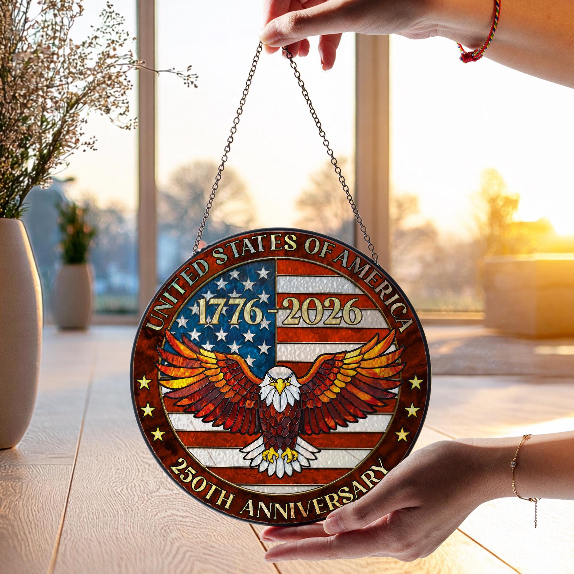 Stained Glass Suncatcher 250th Birthday USA, America 250 Window Hanging, Patriotic 4th of July Decor, Semiquincentennial Gift, 1776 2026