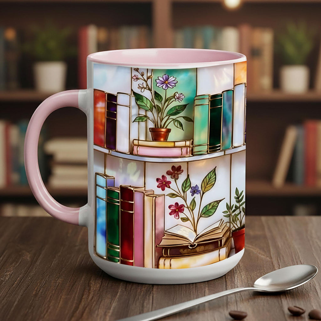 Stained Glass Book Lover Mug Floral Cottagecore Bookshelf Design Colorful Reading Bookish Cup 15oz Ceramic, Handle Color Mug