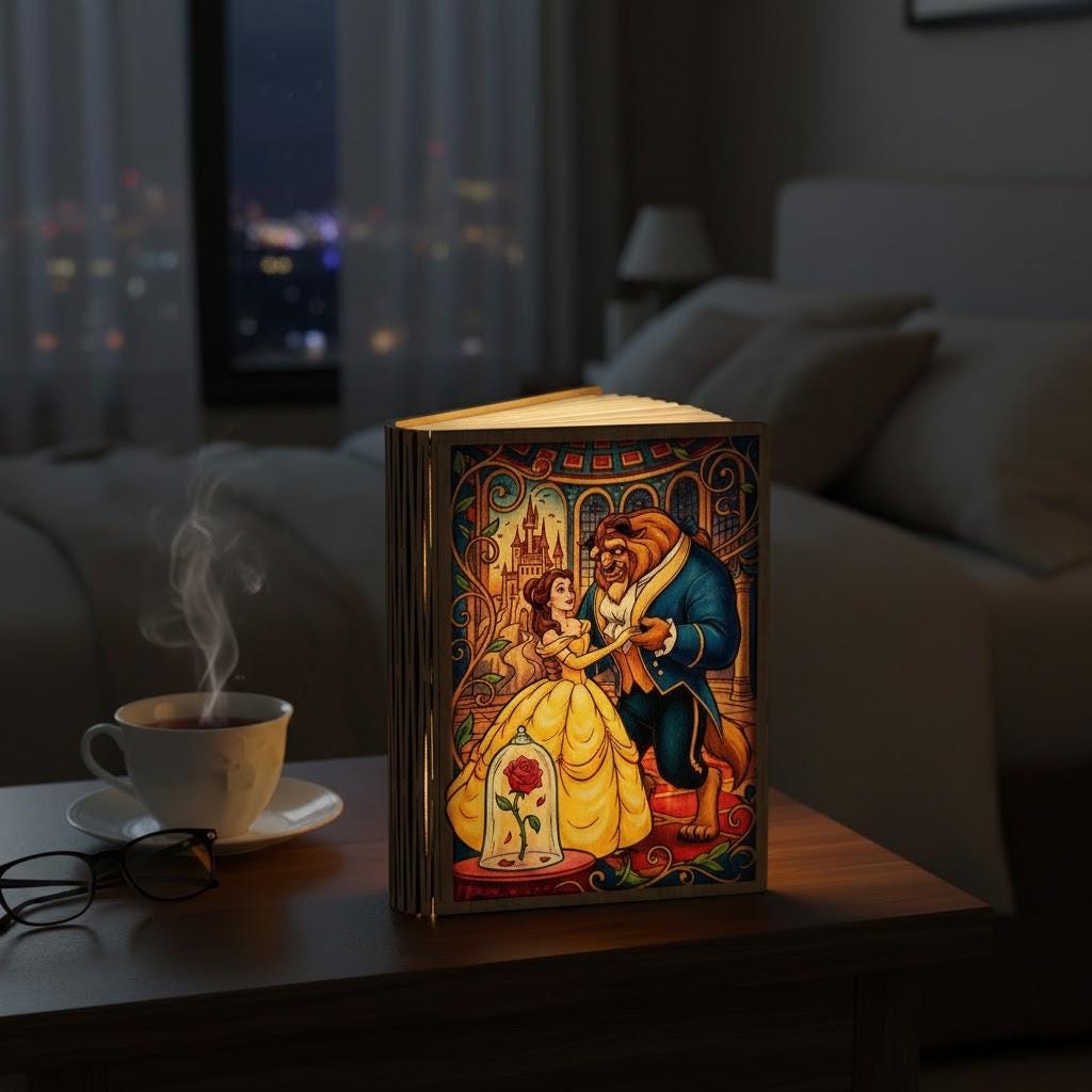 Beauty and the Beast Book Lamp, Disney Couple Wood Folding Book Lamp, Enchanted Belle Princess Reading Lamp, Disney Night Light