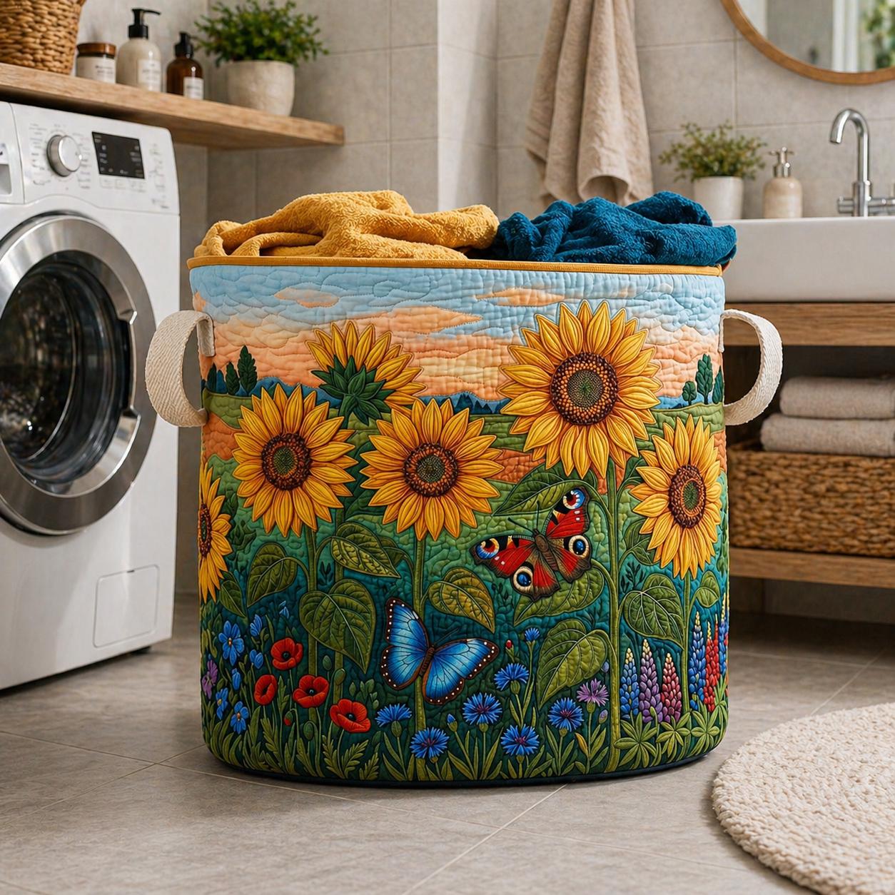 Wildflower Field Quilted Laundry Basket, Spring Floral Meadow Family Storage Bin, Botanical Hamper, Cozy Room Organizer