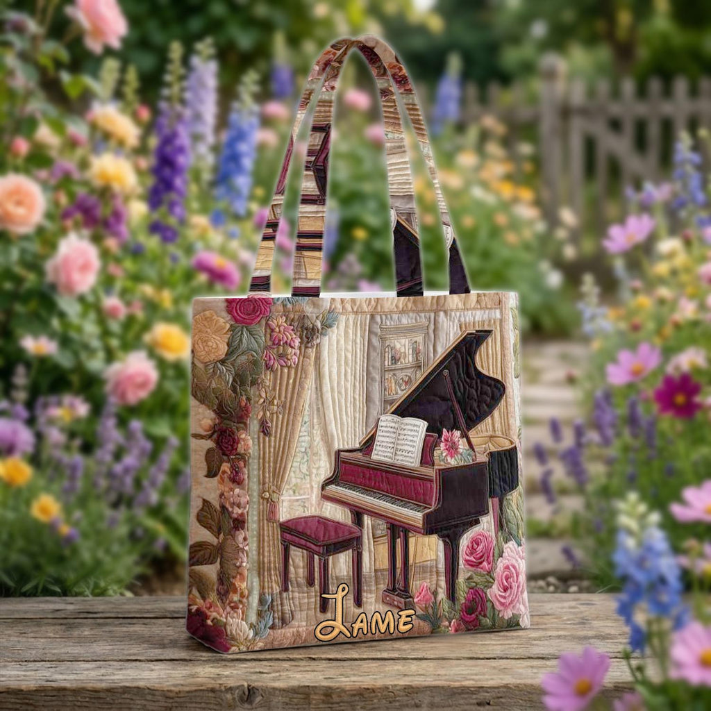Custom Name Piano Quilted Tote Bag, Personalized Music Teacher Tote Bag, Aesthetic Keyboard Design Tote, Gift for Pianist, Piano Notes Bag