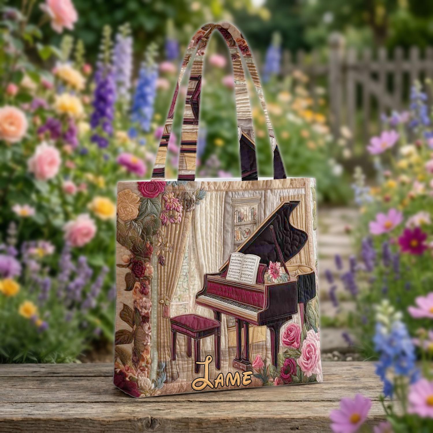 Custom Name Piano Quilted Tote Bag, Personalized Music Teacher Tote Bag, Aesthetic Keyboard Design Tote, Gift for Pianist, Piano Notes Bag