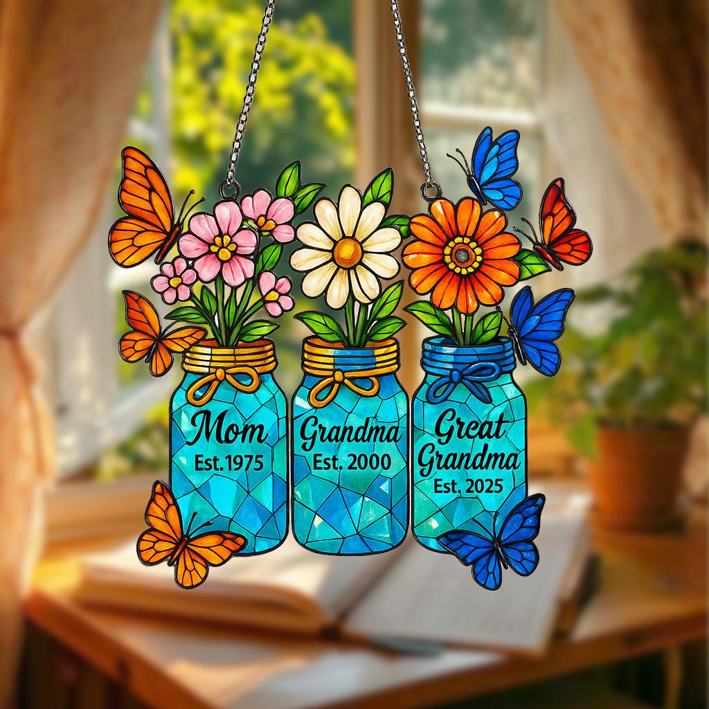 Generations Floral Jar Hologram Ornament _ Mom Grandma Great Grandma Gift _ Mother's Day Window Decor _ Family Legacy Keepsake, Gift for Her