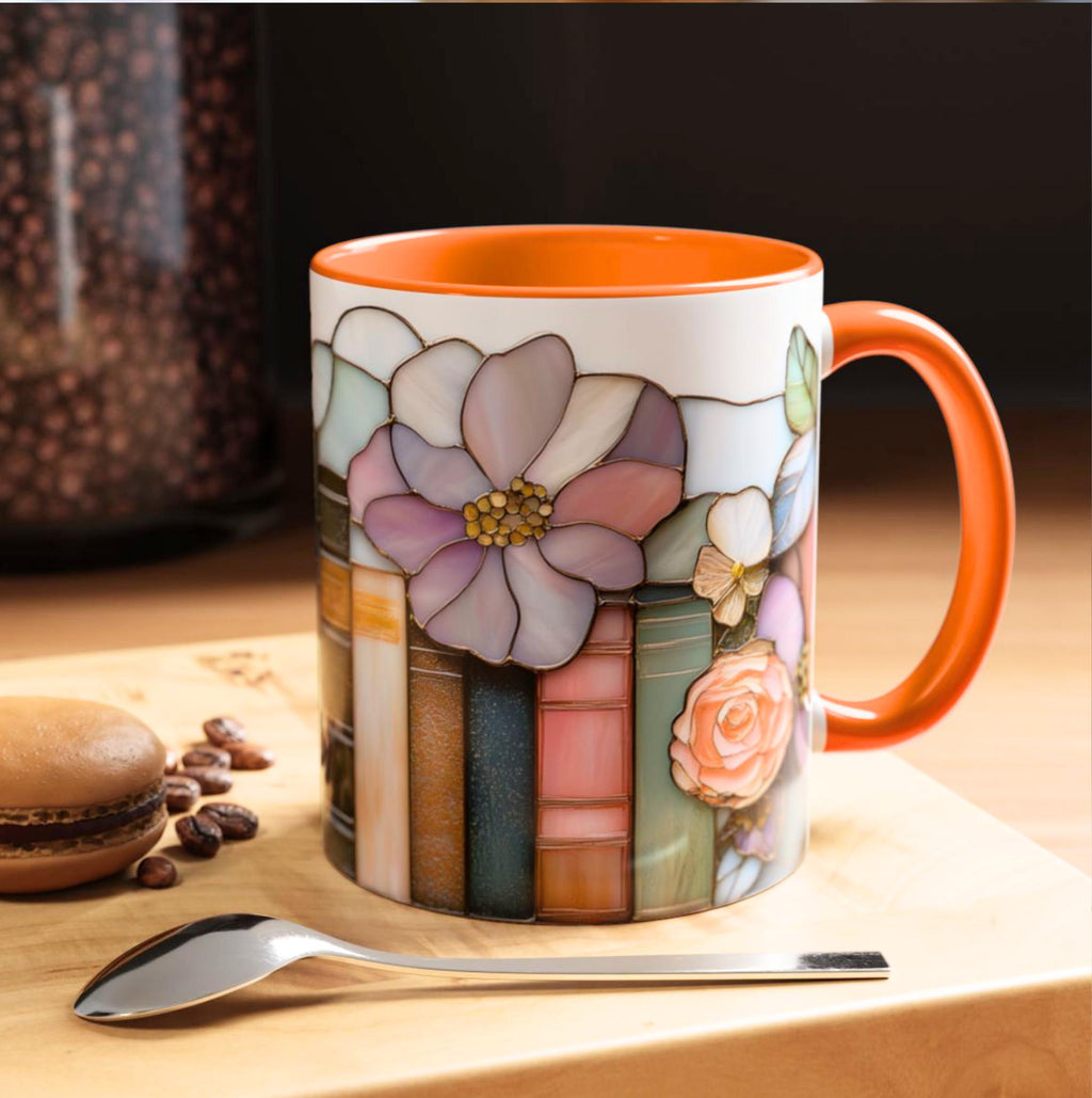 Floral Bookshelf Coffee Mug_ Stained Glass Style Book Lover Coffee Ceramic Cup Literary Gift