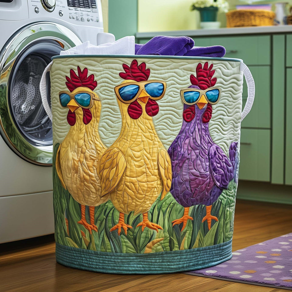 Chicken Quilted Laundry Basket, Farmhouse Rooster Clothes Hamper, Large Fabric Storage Bin with Handles for Bedroom Laundry Room