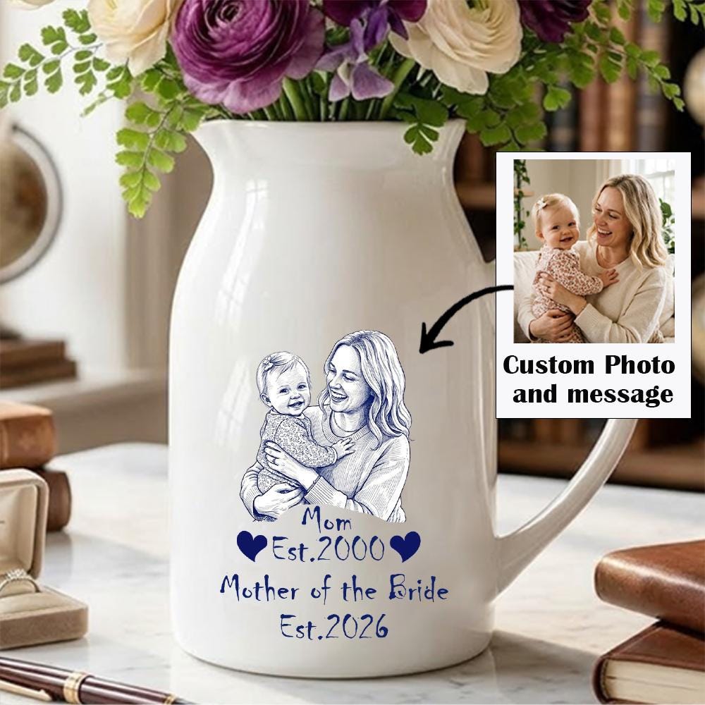 Gifts for Mother of the Bride, Personalized Photo Vase for Mom, Custom Wedding Gift for Mother From Daughter, Keepsake Picture Flower Vase